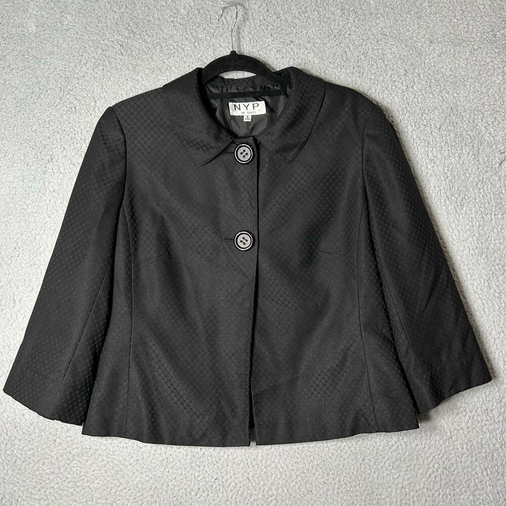 NYP Suits Blazer Womens 12 Black Button Up Diamond‎ Pattern Jacket Career Event